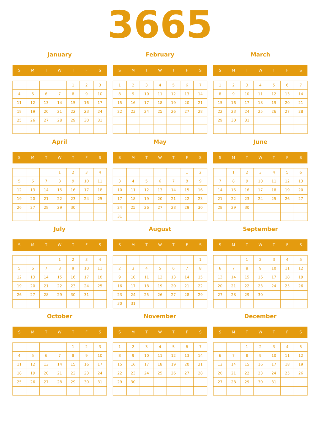 Printable 3665 Year Calendars gamboge