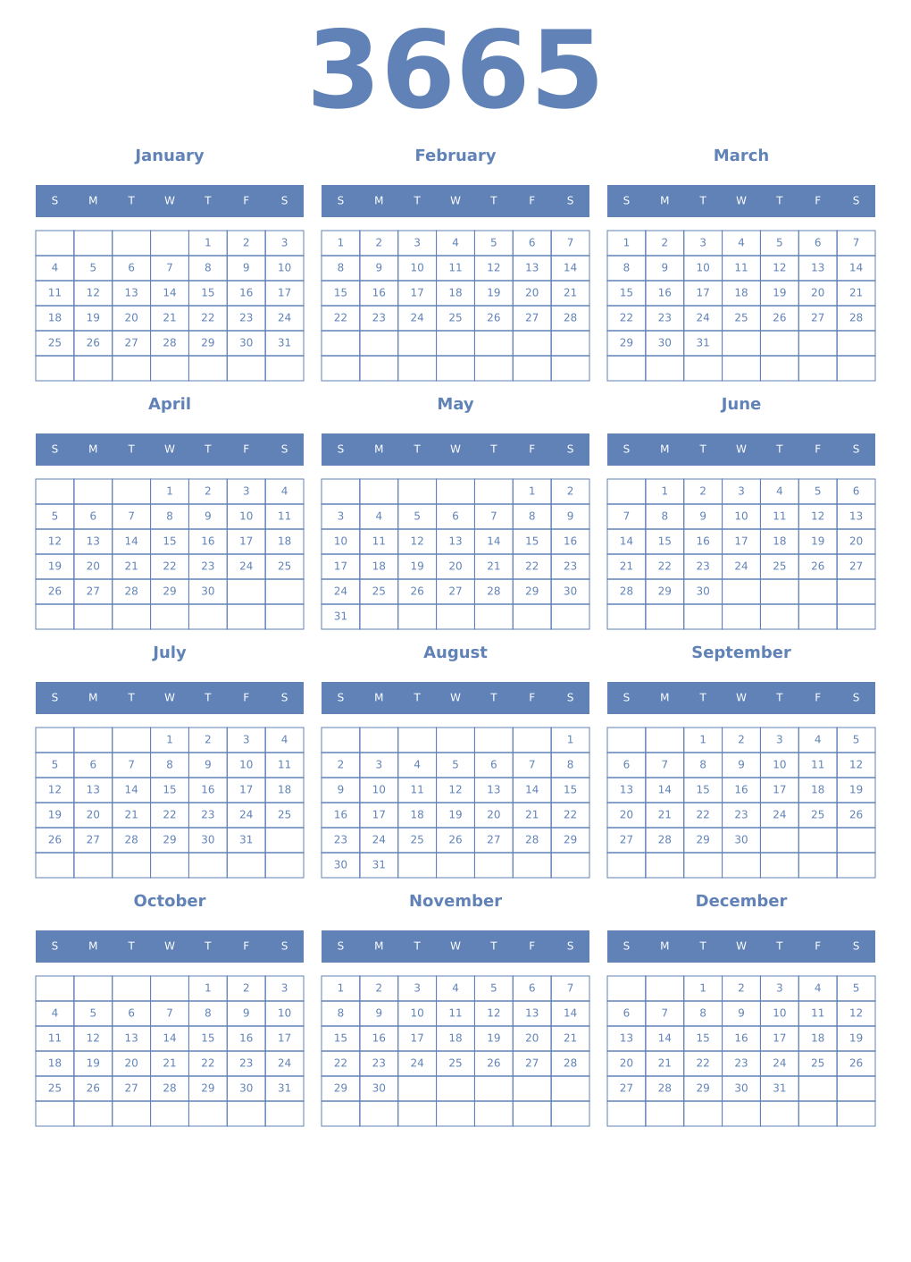 Printable 3665 Year Calendars glaucous