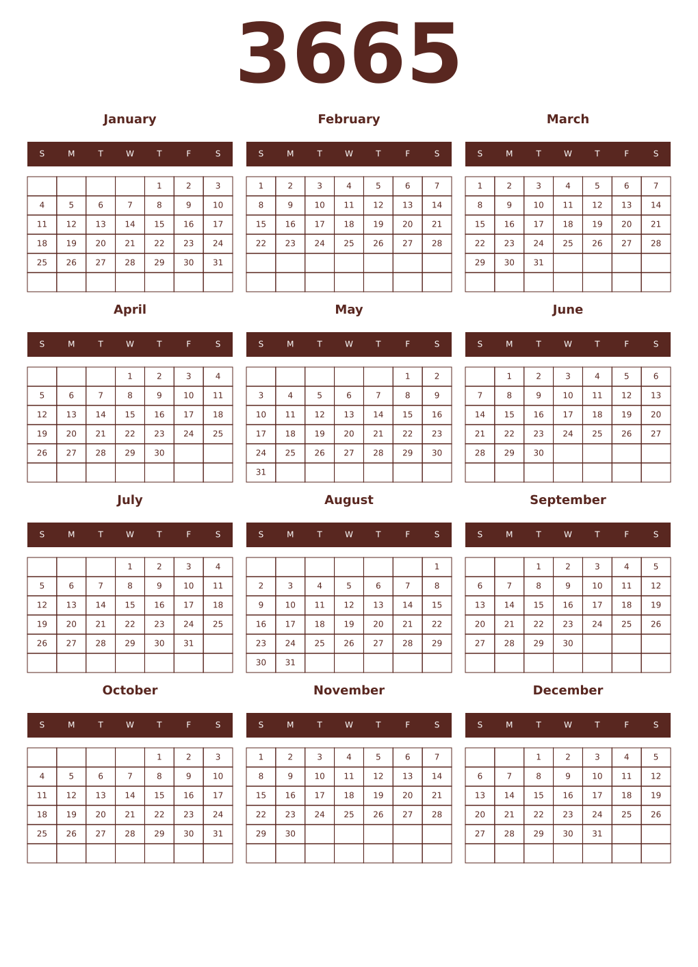 Printable 3665 Year Calendars mortuum