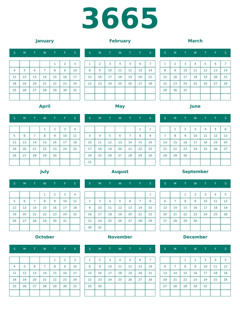 Printable 3665 Year Calendars pastel