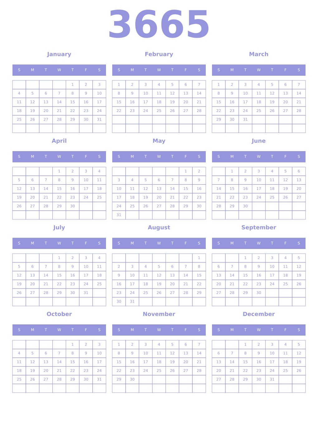 Printable 3665 Year Calendars periwinkle
