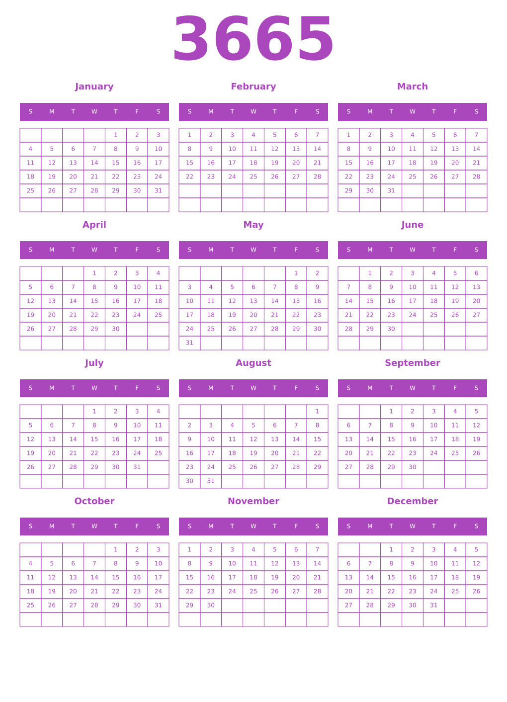Printable 3665 Year Calendars purple