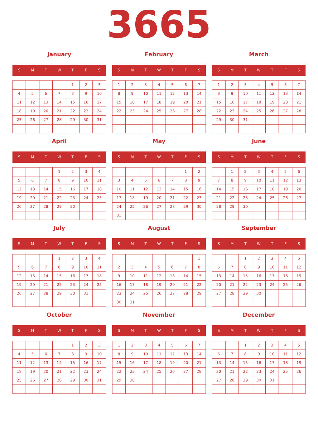 Printable 3665 Year Calendars red