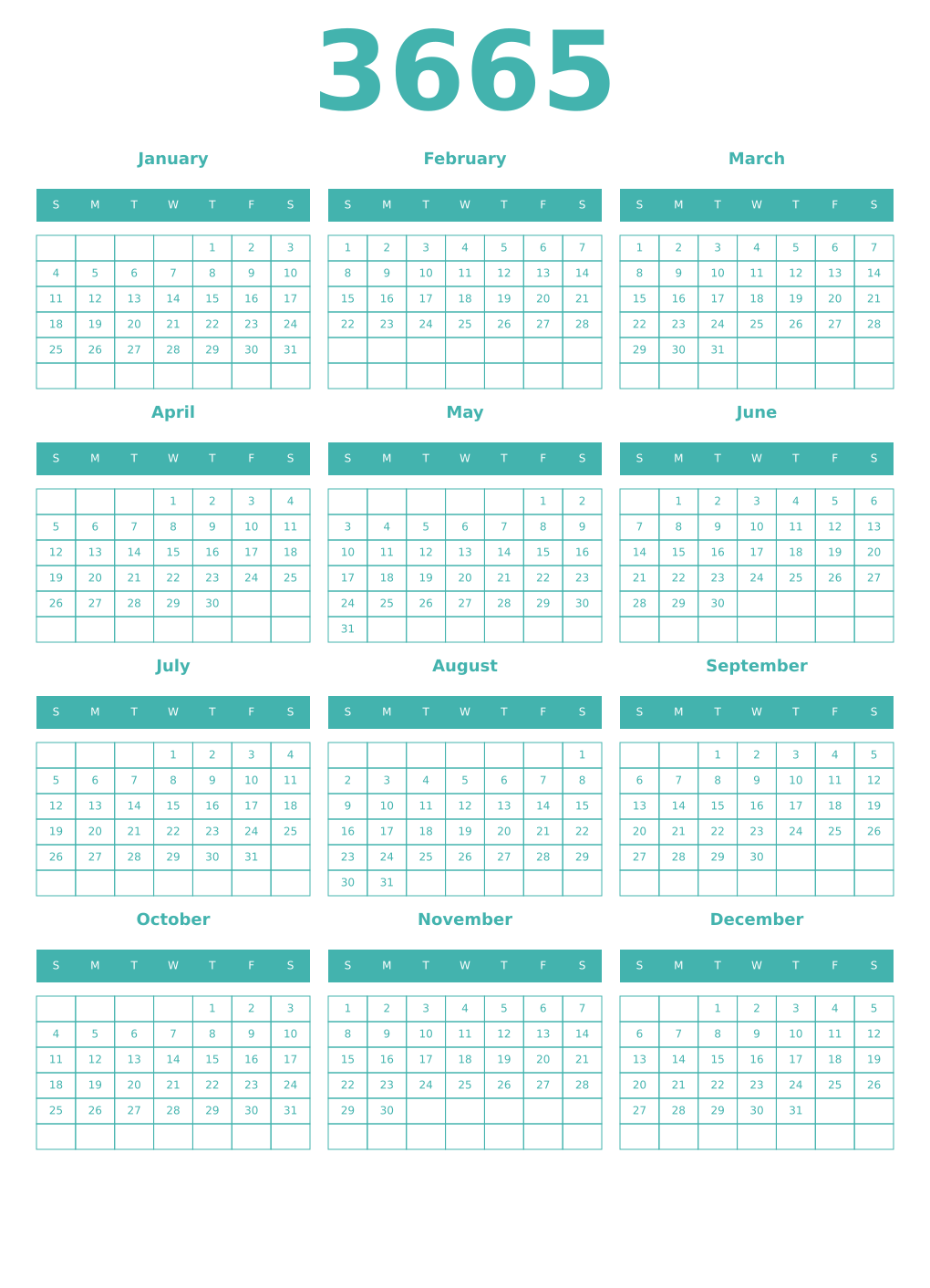 Printable 3665 Year Calendars verdigris