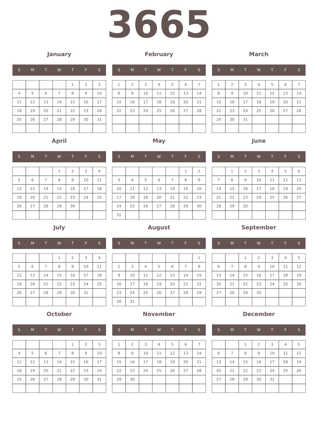 Printable 3665 Year Calendars wenge