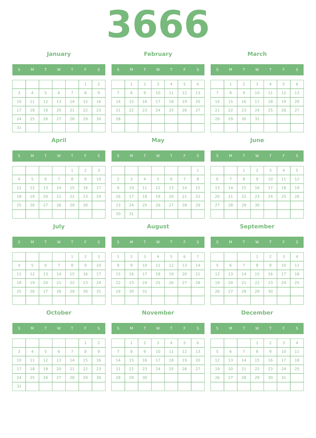 Printable 3666 Year Calendars celadon