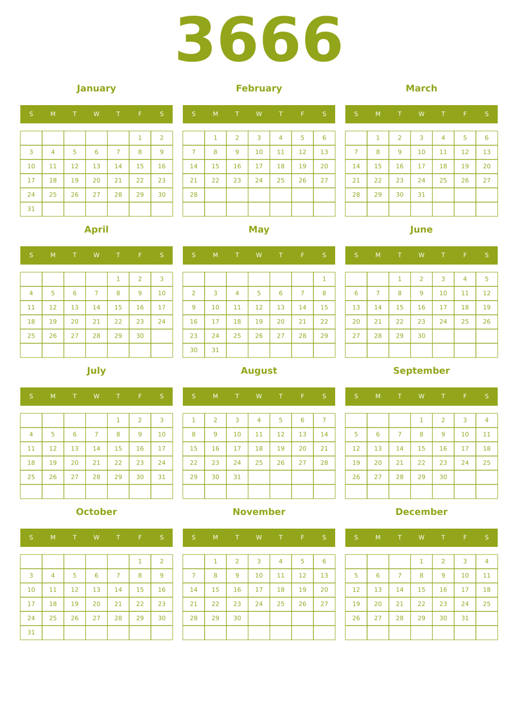 Printable 3666 Year Calendars chartreuse