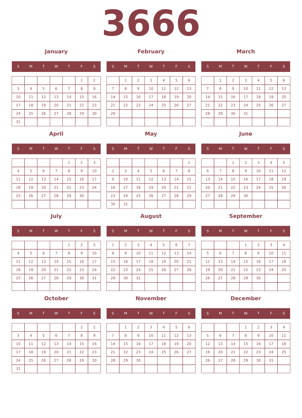 Printable 3666 Year Calendars cordovan