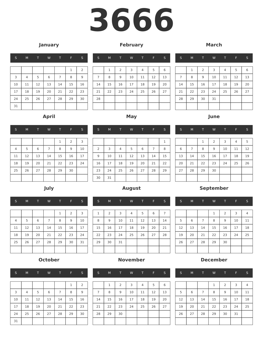 Printable 3666 Year Calendars dark