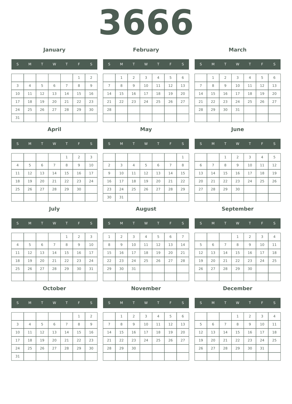 Printable 3666 Year Calendars feldgrau