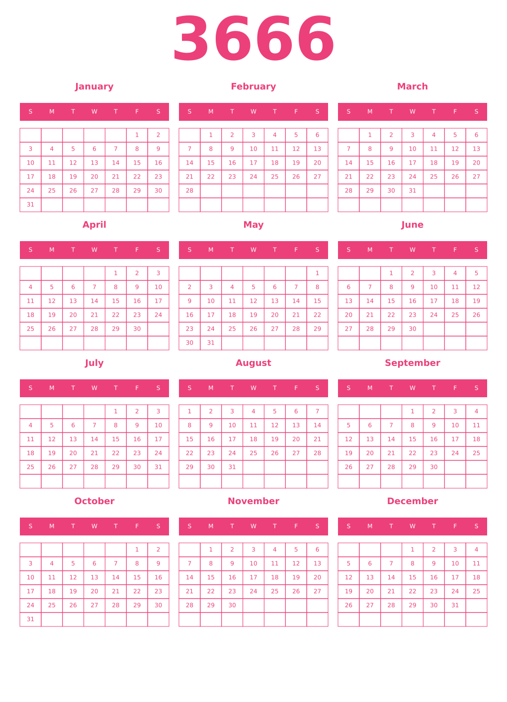 Printable 3666 Year Calendars pink