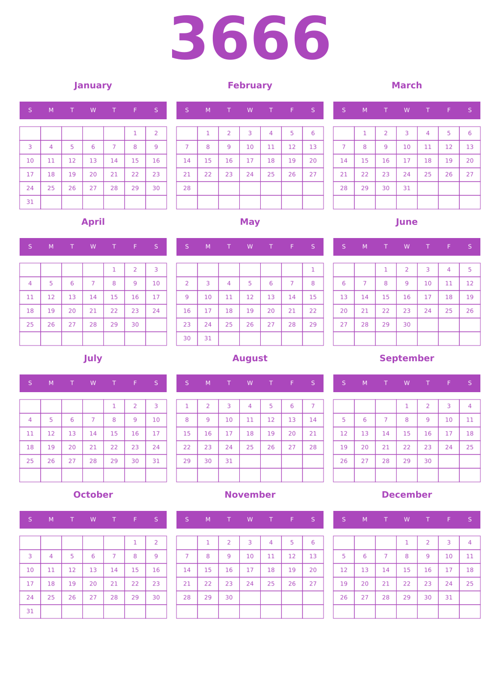 Printable 3666 Year Calendars purple