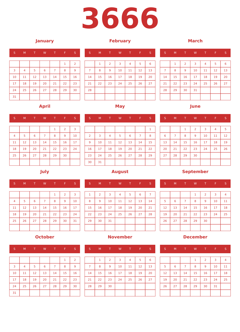 Printable 3666 Year Calendars red
