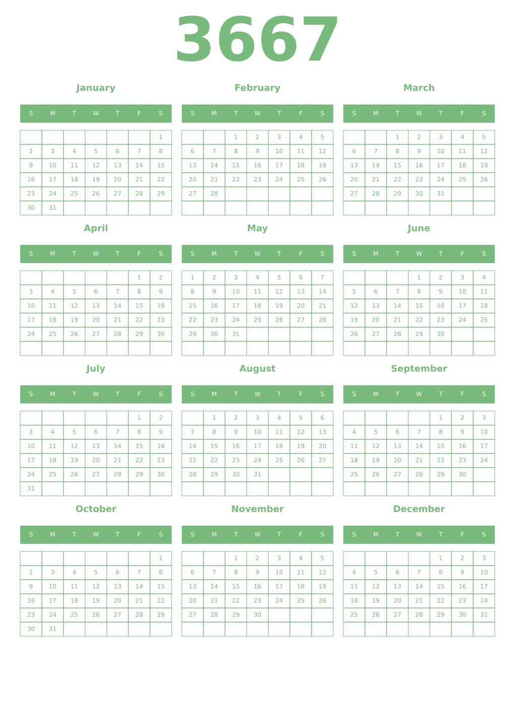 Printable 3667 Year Calendars celadon