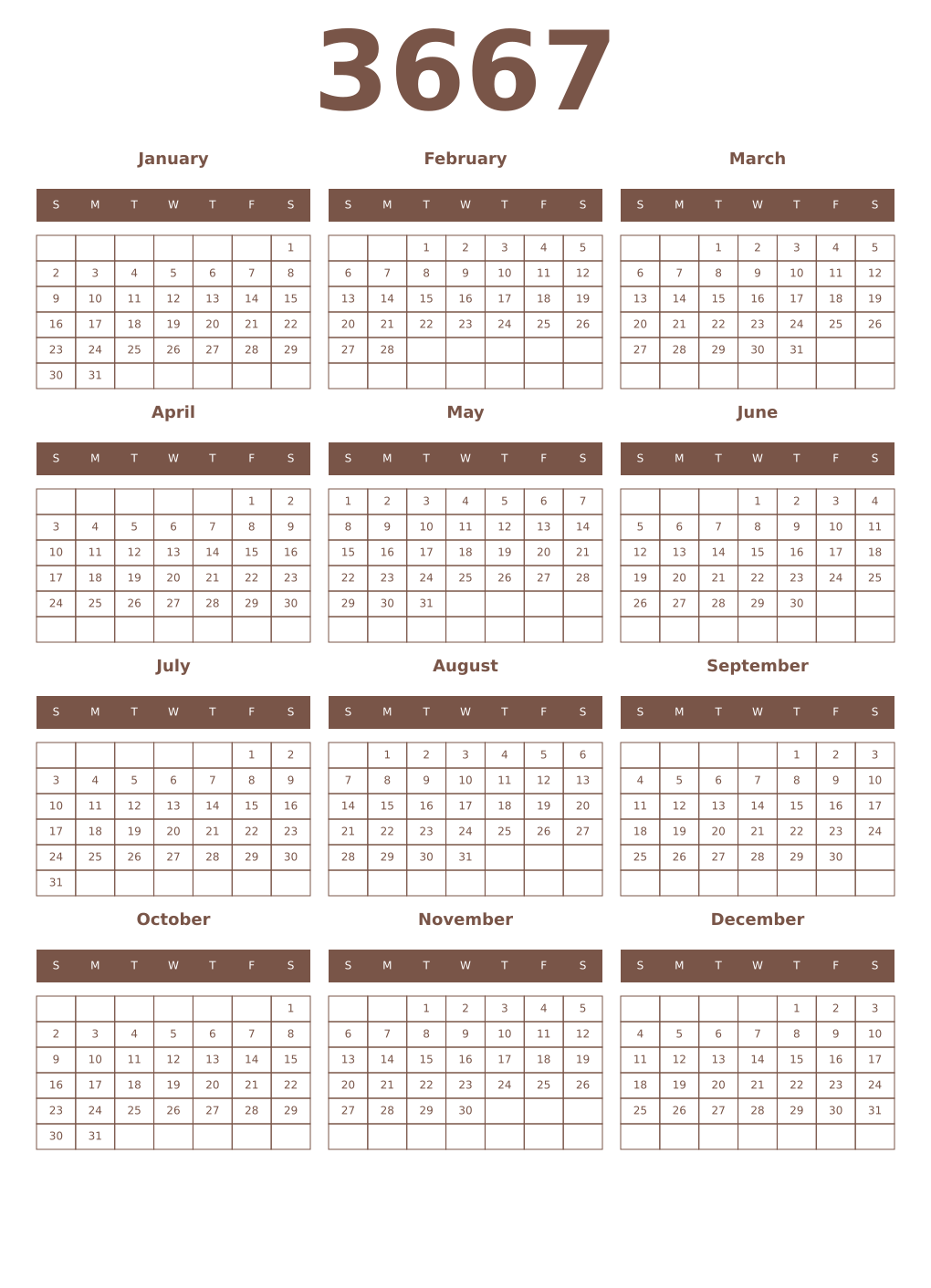 Printable 3667 Year Calendars coffe