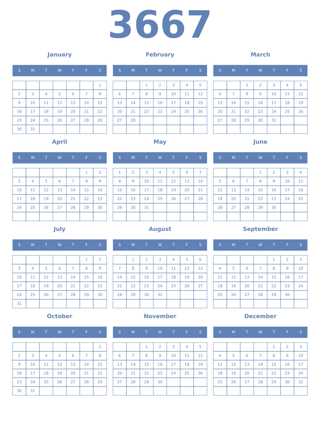 Printable 3667 Year Calendars glaucous