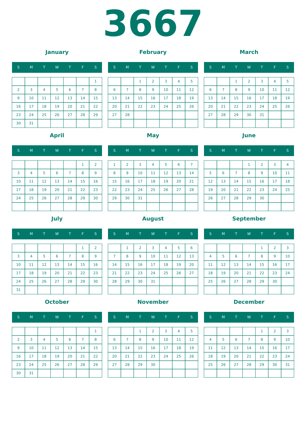 Printable 3667 Year Calendars pastel