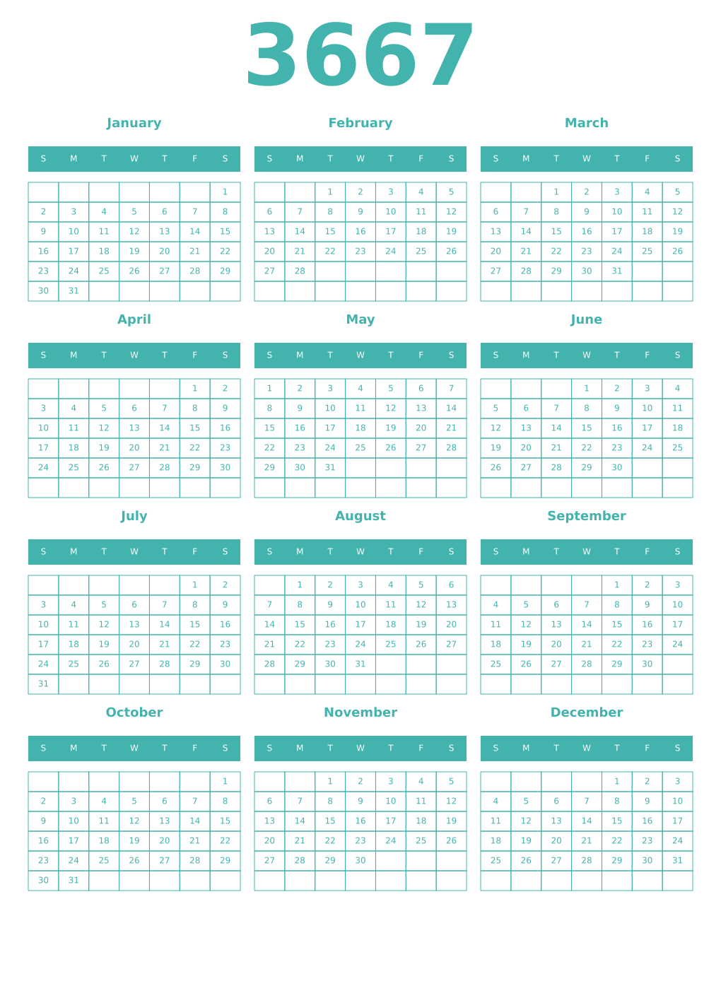 Printable 3667 Year Calendars verdigris