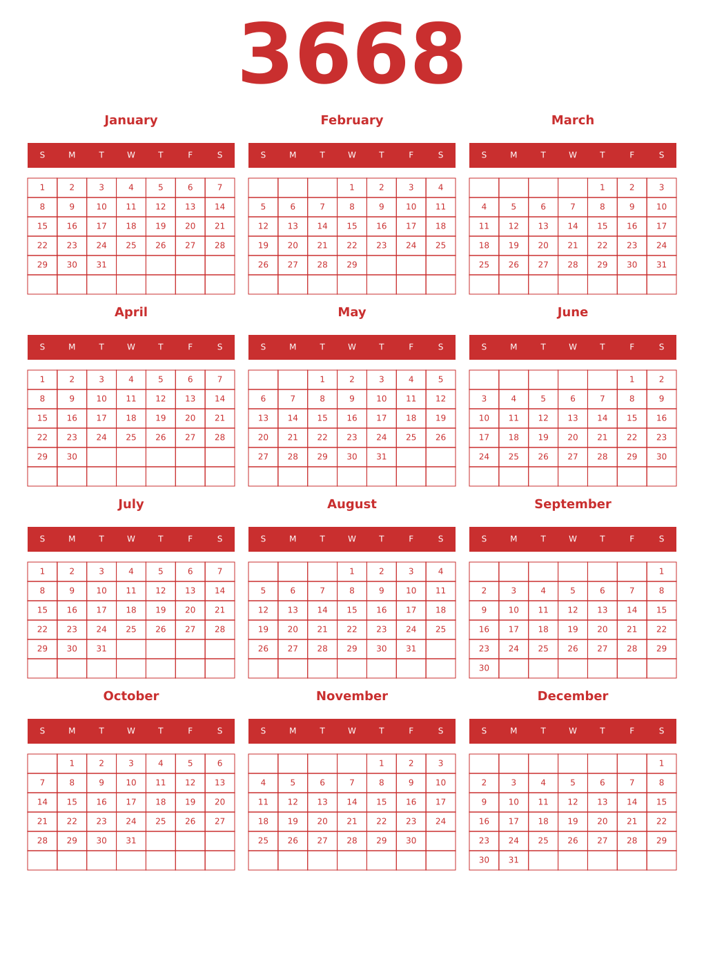 Printable 3668 Year Calendars red