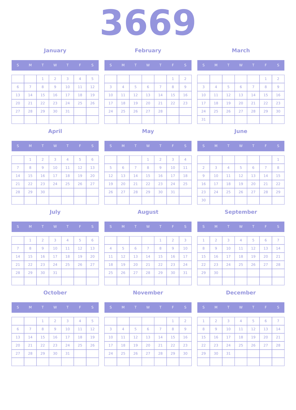 Printable 3669 Year Calendars periwinkle