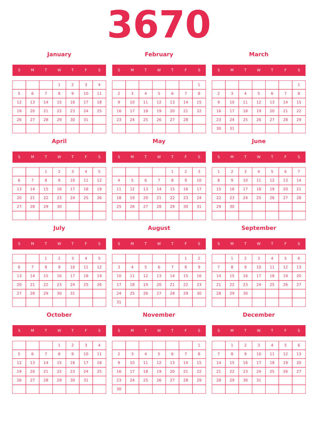 Printable 3670 Year Calendars amaranth