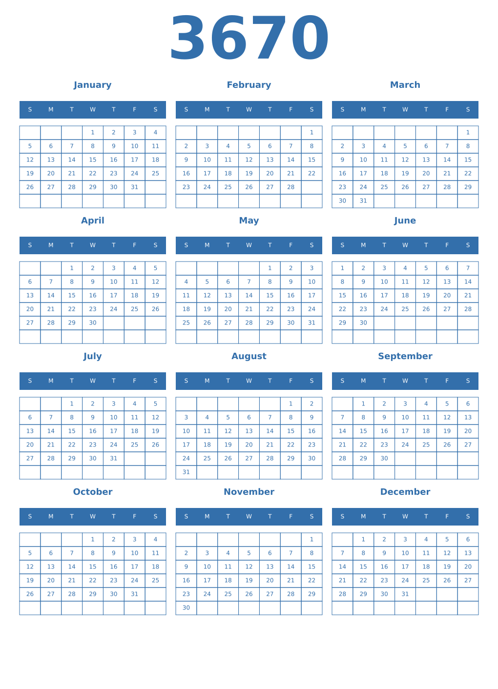 Printable 3670 Year Calendars blue