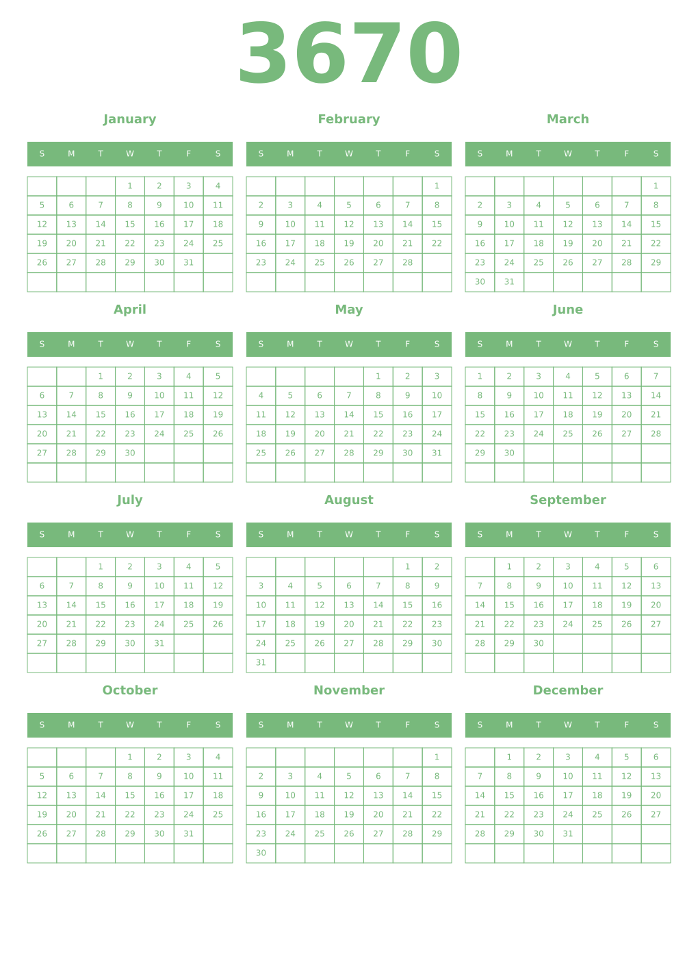 Printable 3670 Year Calendars celadon