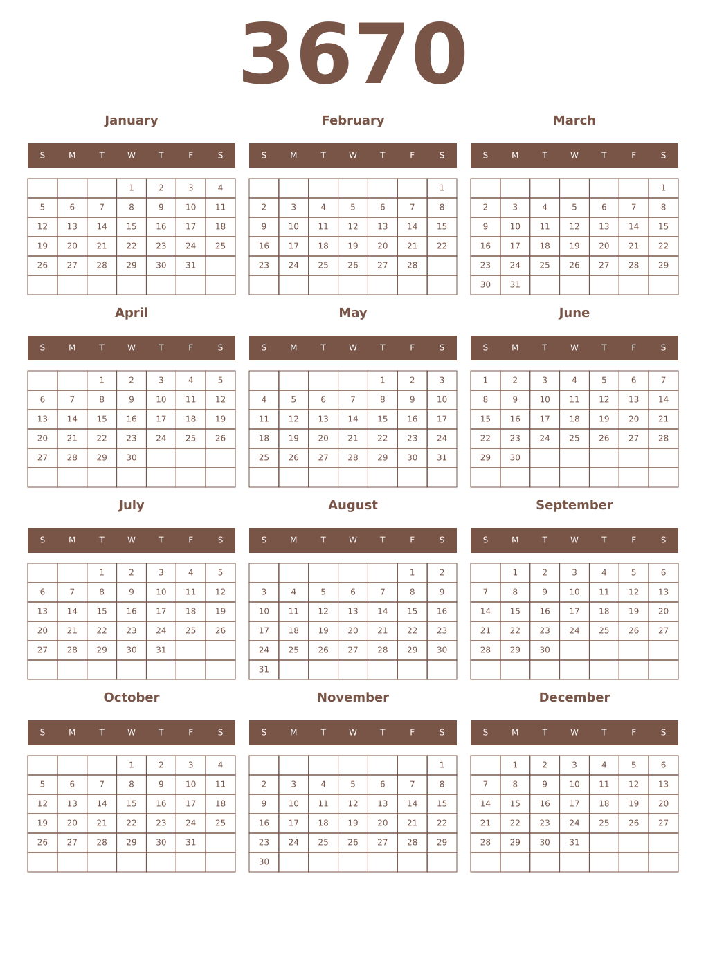 Printable 3670 Year Calendars coffe