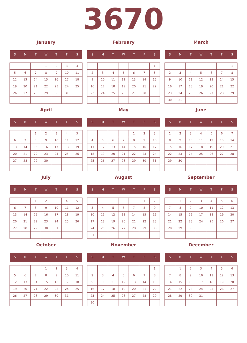 Printable 3670 Year Calendars cordovan