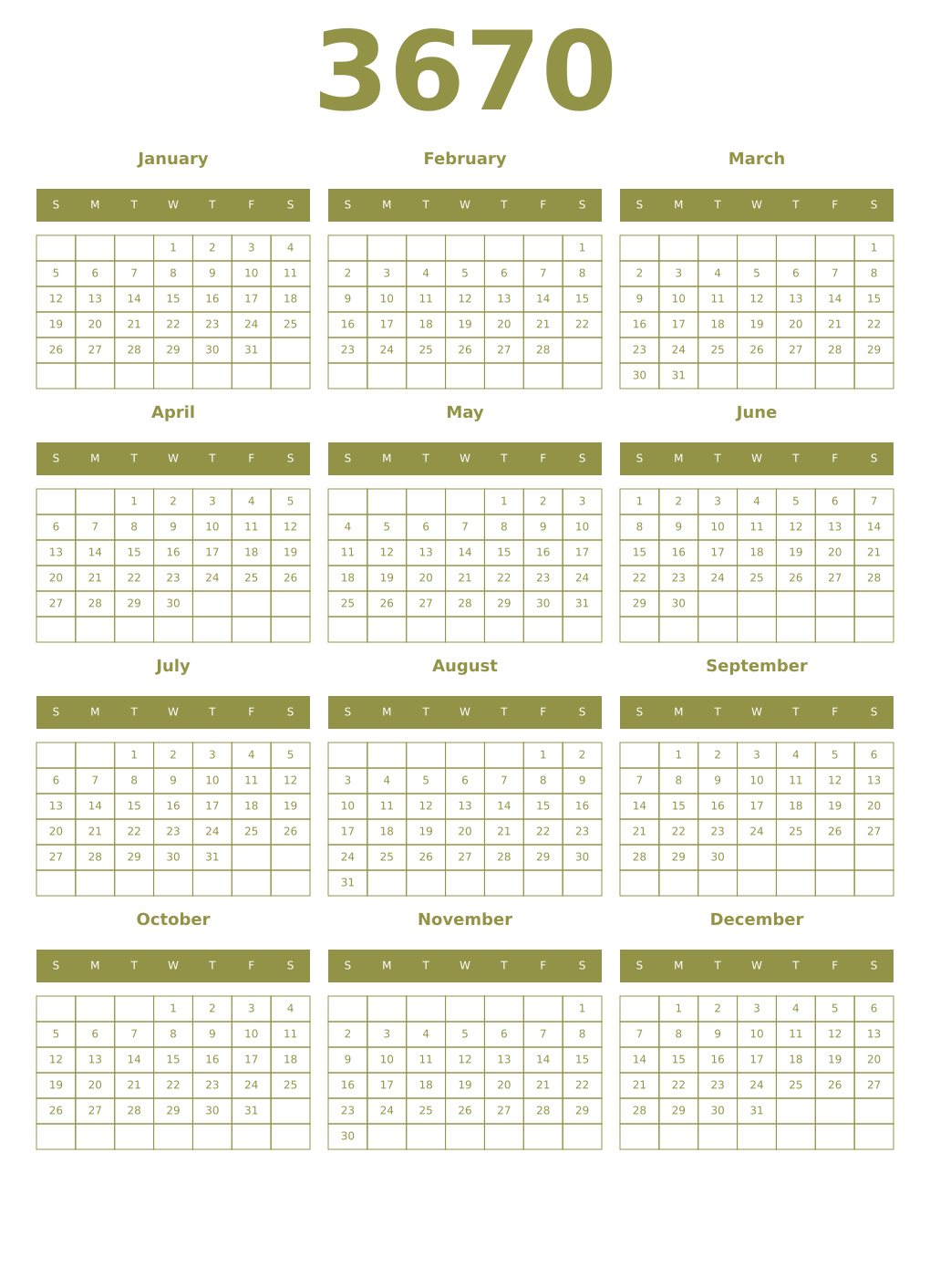 Printable 3670 Year Calendars eburnean