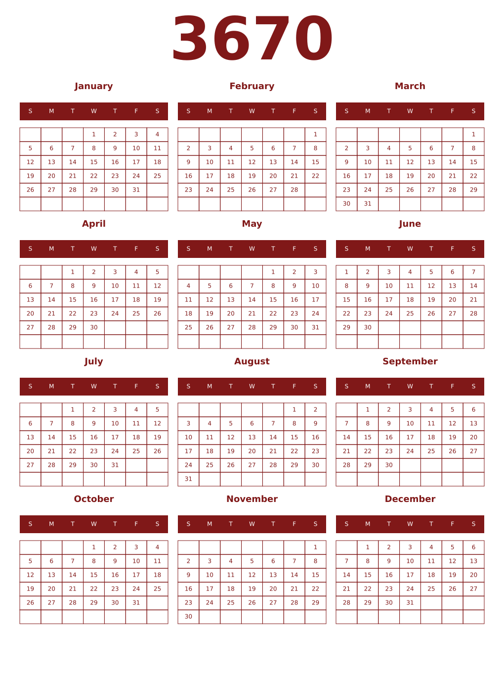 Printable 3670 Year Calendars falu