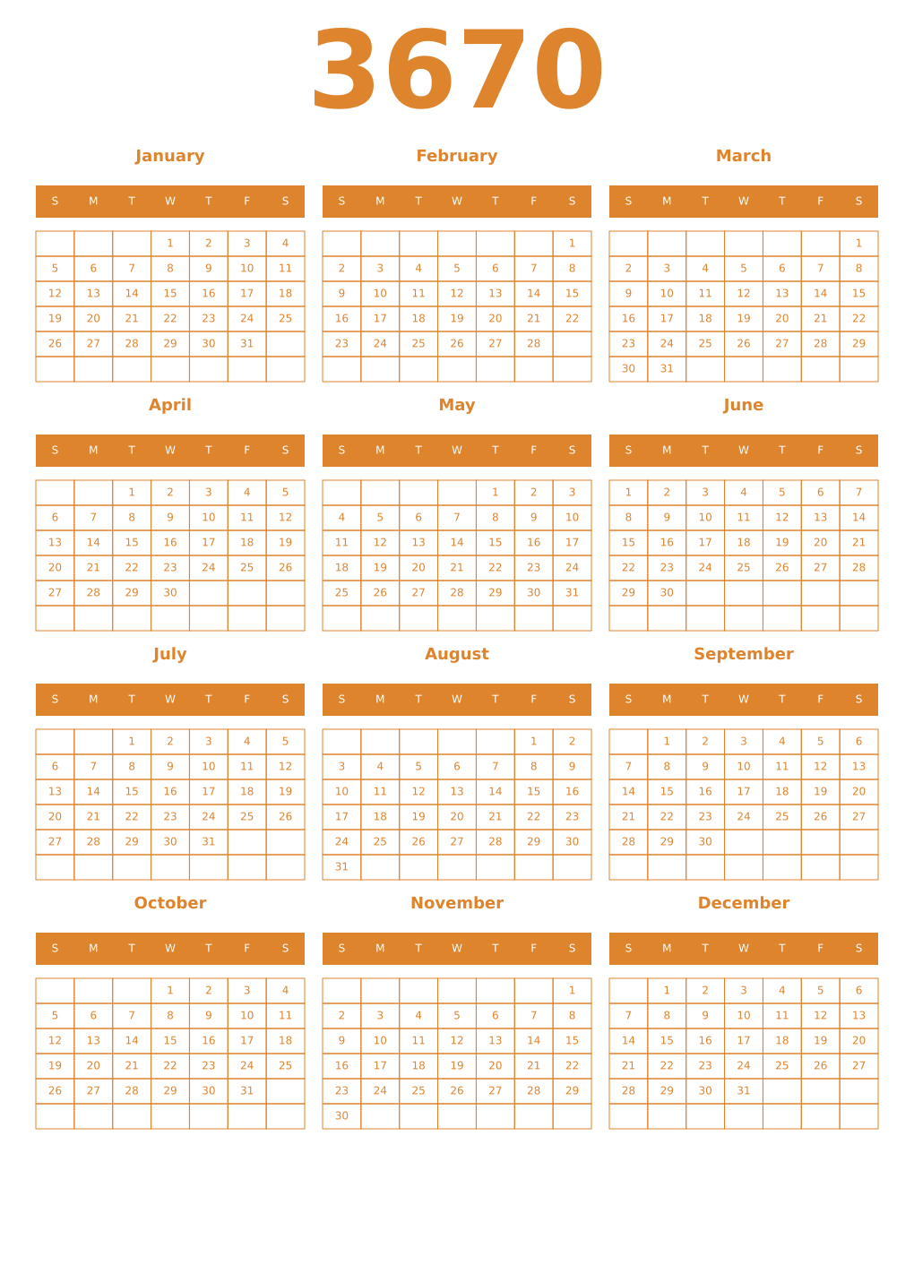 Printable 3670 Year Calendars orange