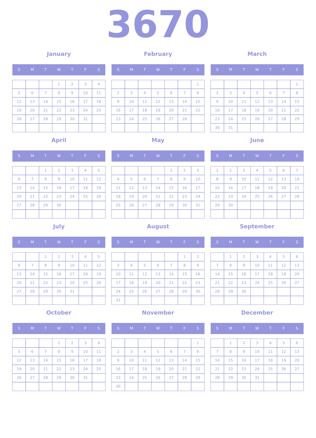 Printable 3670 Year Calendars periwinkle