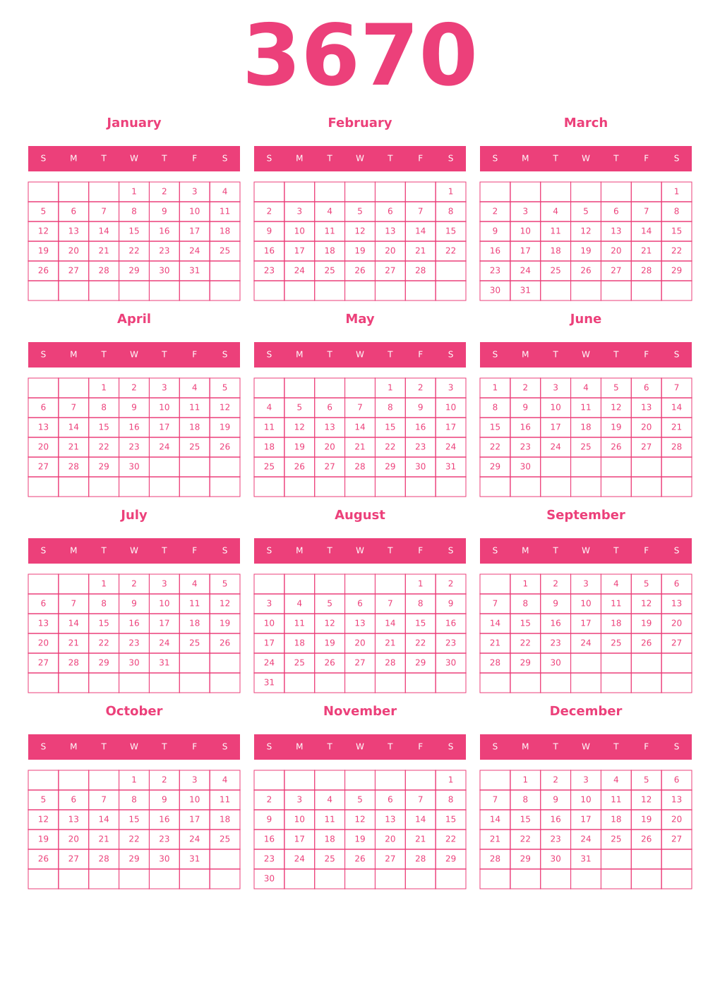 Printable 3670 Year Calendars pink