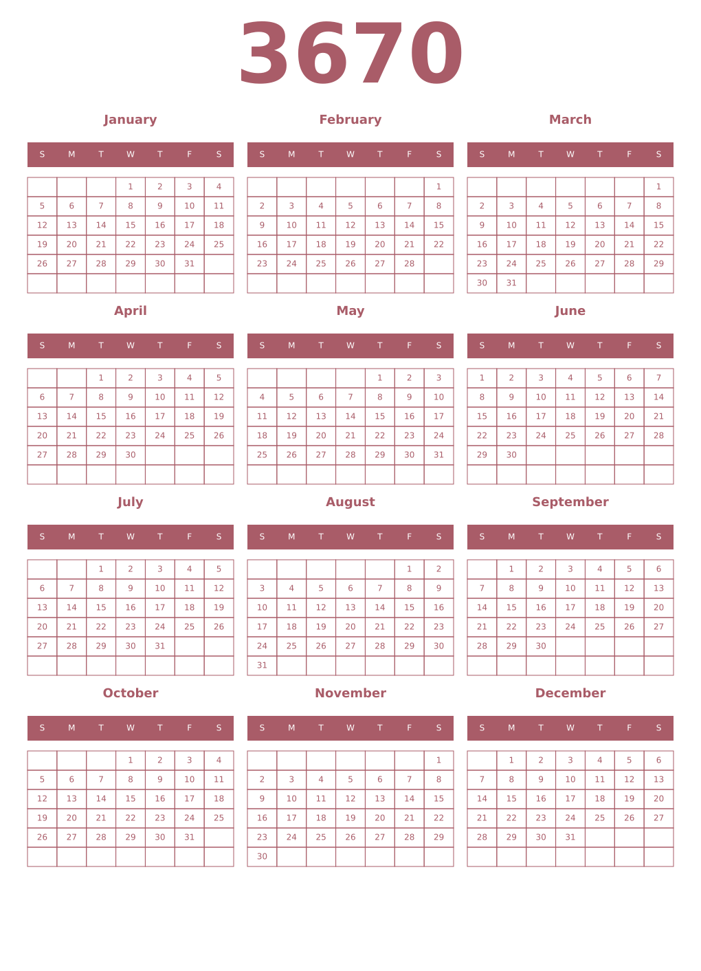 Printable 3670 Year Calendars puce