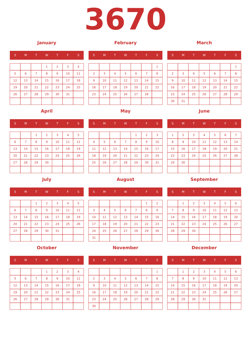 Printable 3670 Year Calendars red