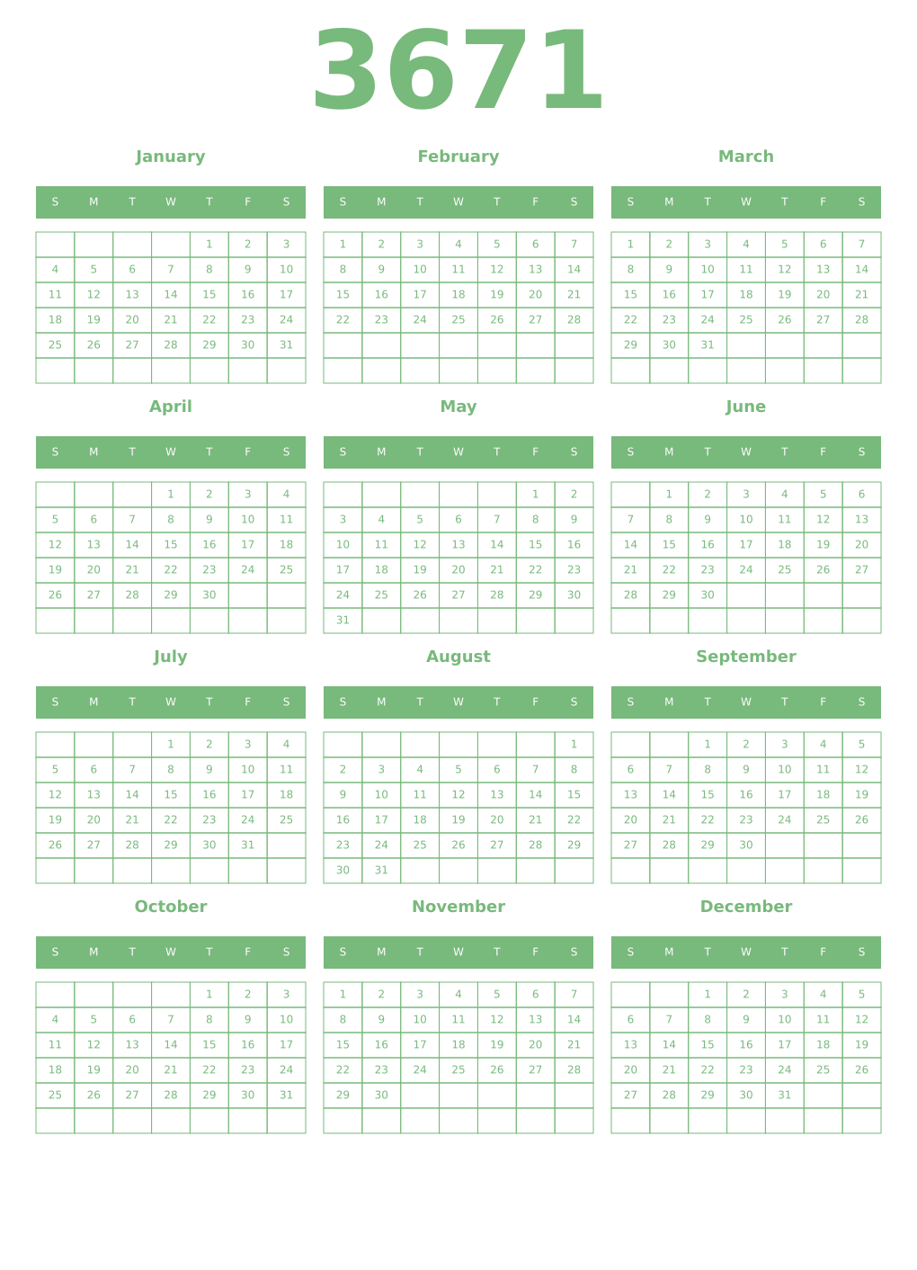 Printable 3671 Year Calendars celadon