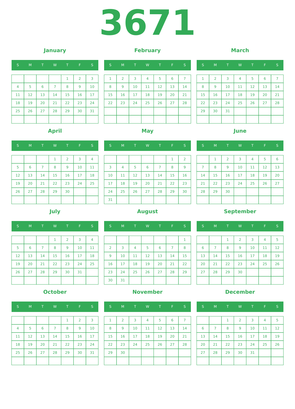 Printable 3671 Year Calendars green