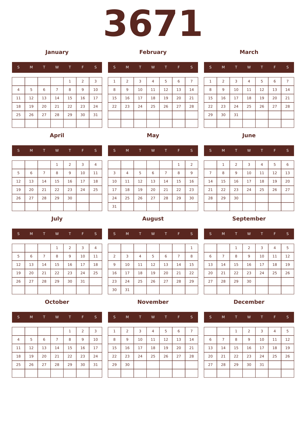Printable 3671 Year Calendars mortuum