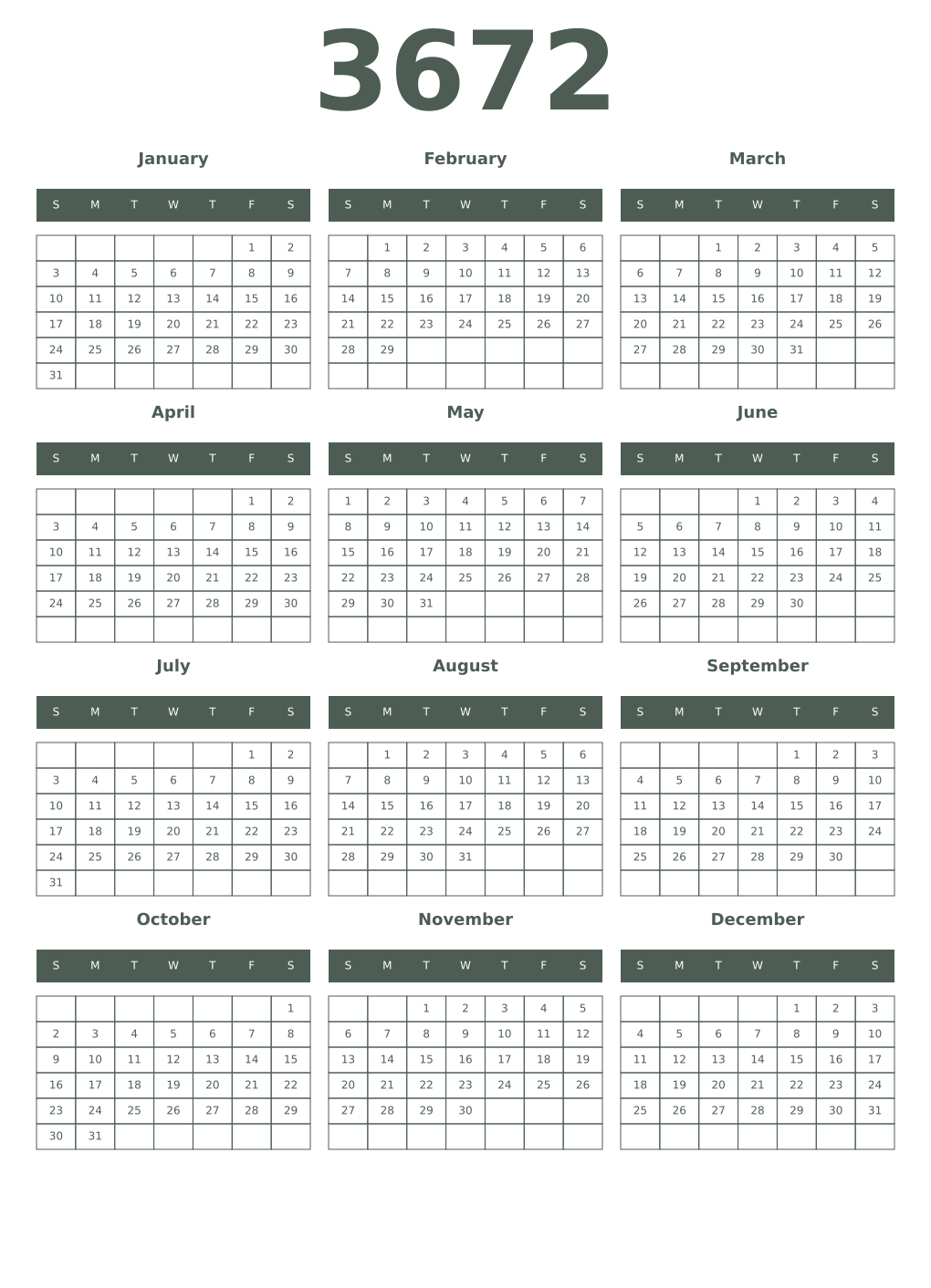 Printable 3672 Year Calendars feldgrau