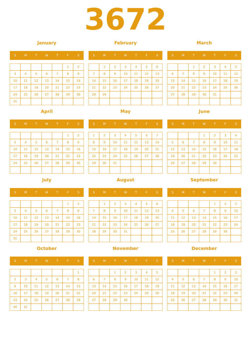 Printable 3672 Year Calendars gamboge