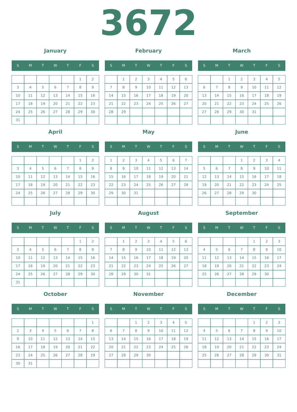 Printable 3672 Year Calendars viridian