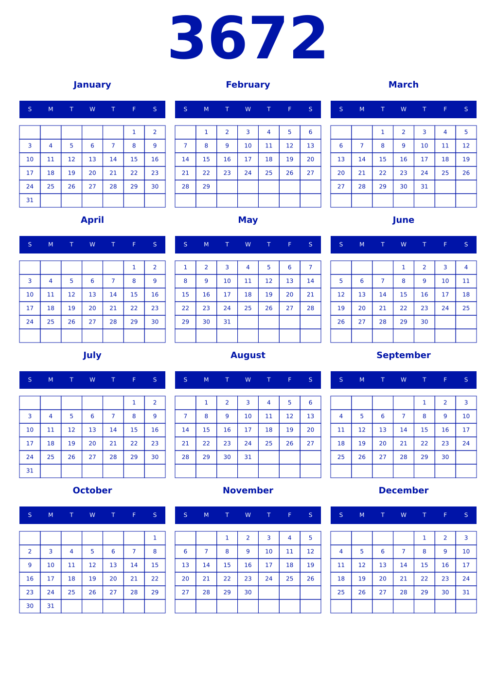 Printable 3672 Year Calendars zaffre