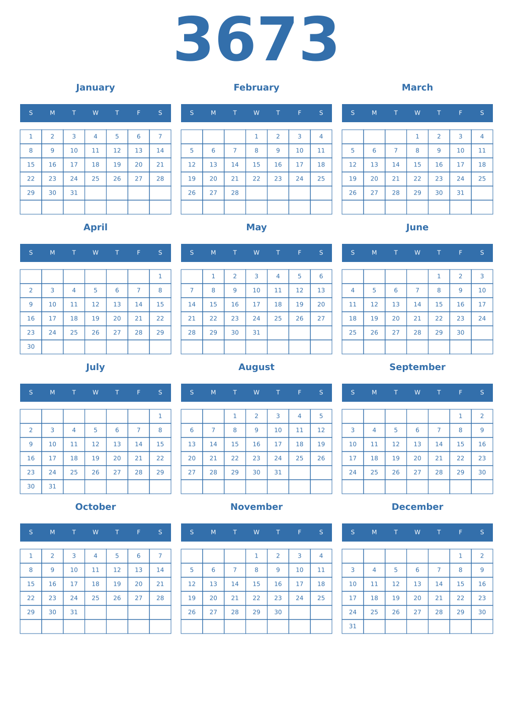 Printable 3673 Year Calendars blue