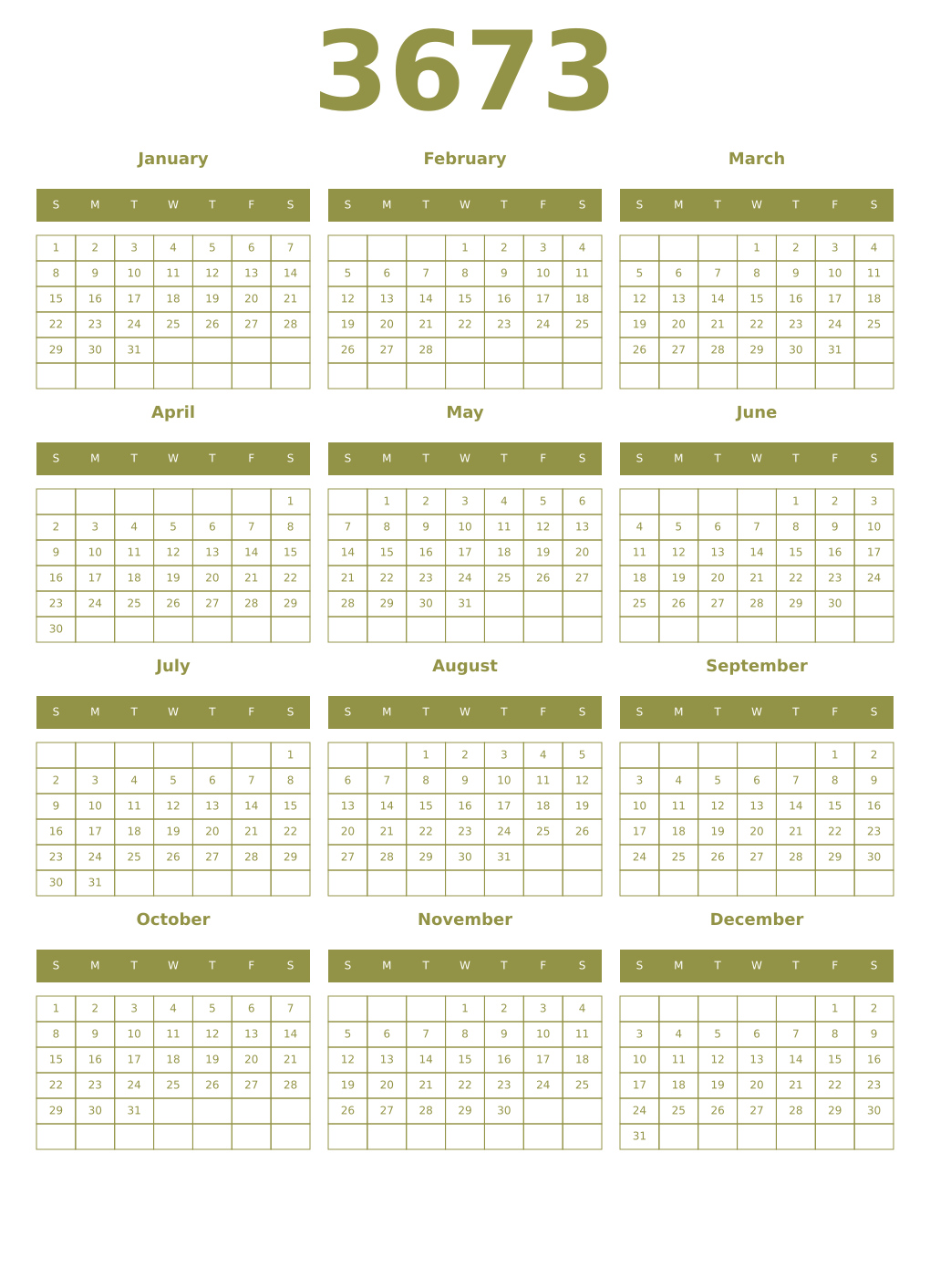Printable 3673 Year Calendars eburnean