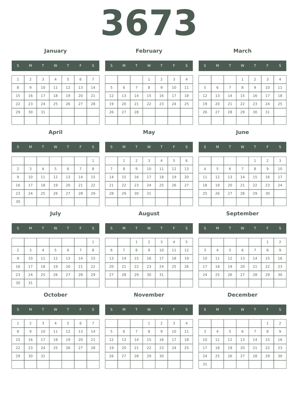 Printable 3673 Year Calendars feldgrau