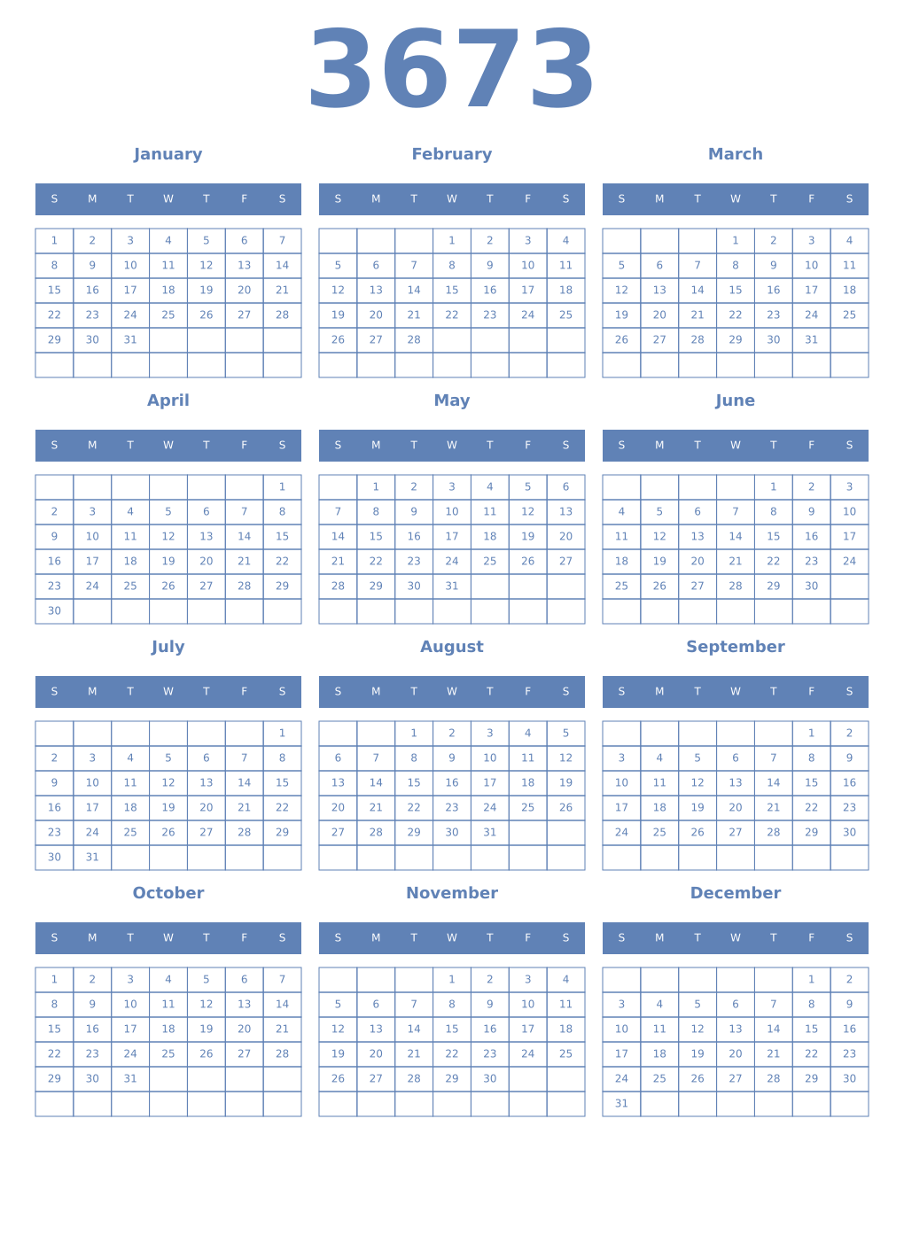 Printable 3673 Year Calendars glaucous