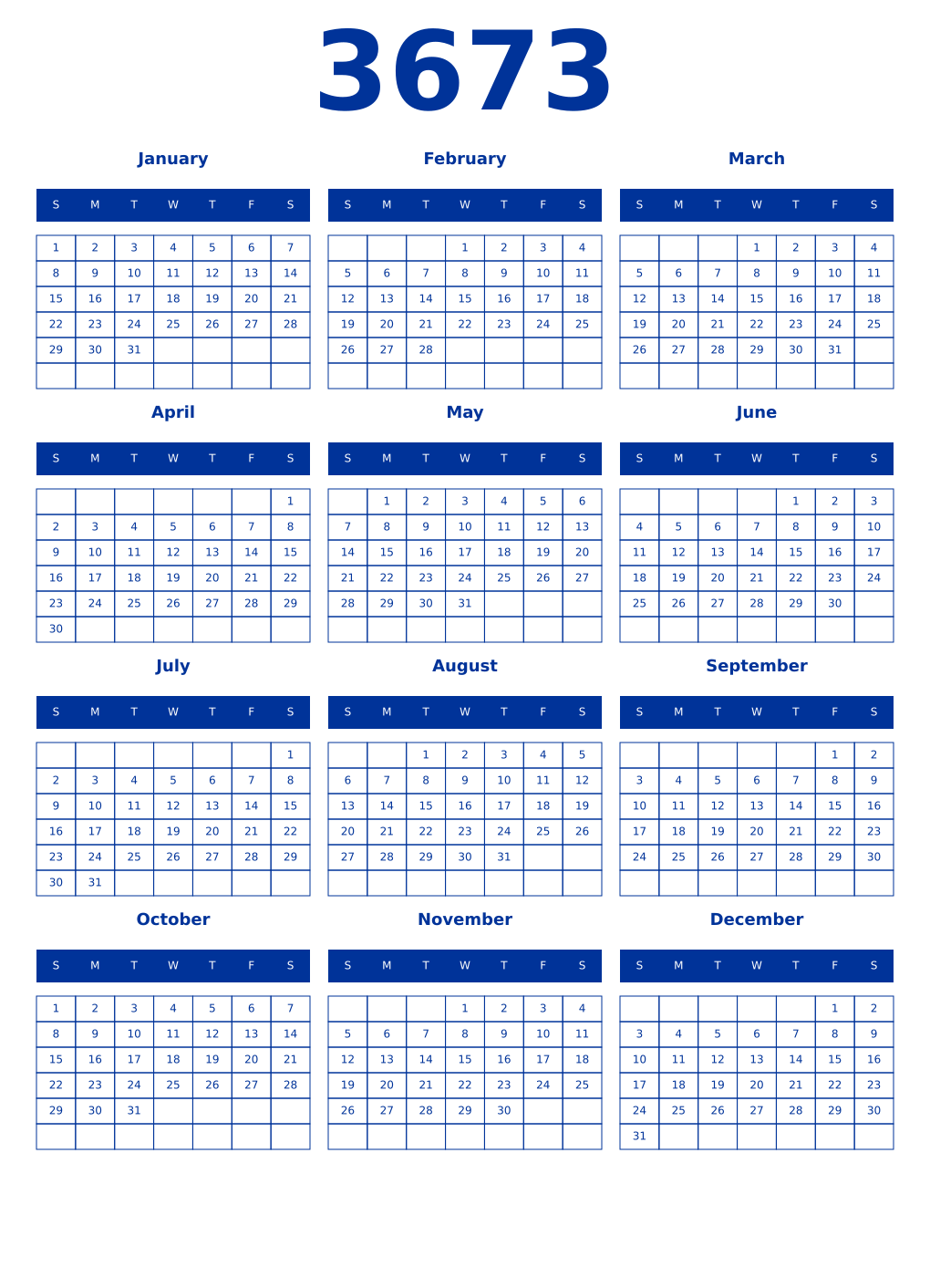 Printable 3673 Year Calendars smalt