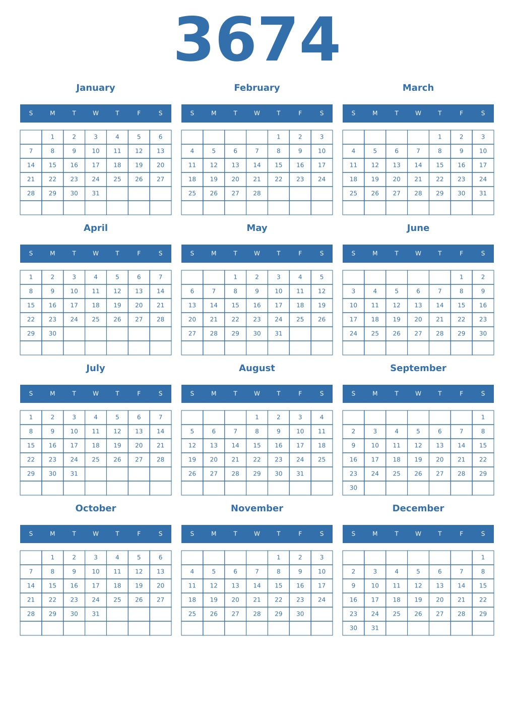 Printable 3674 Year Calendars blue