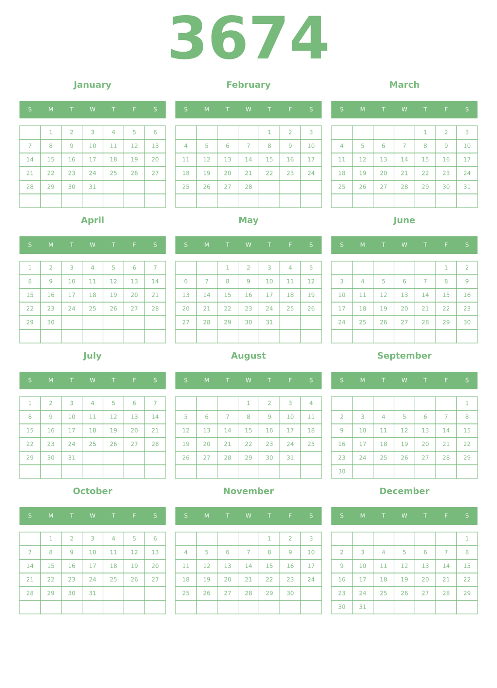Printable 3674 Year Calendars celadon